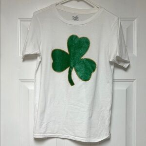 White T-Shirt with Green Shimmery Shamrock
